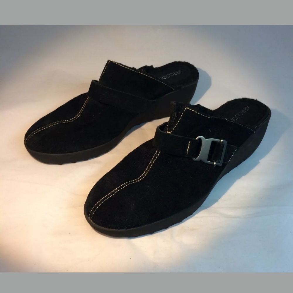 Aerosol Wedge Slip On Clogs Black Suede Shoes 10